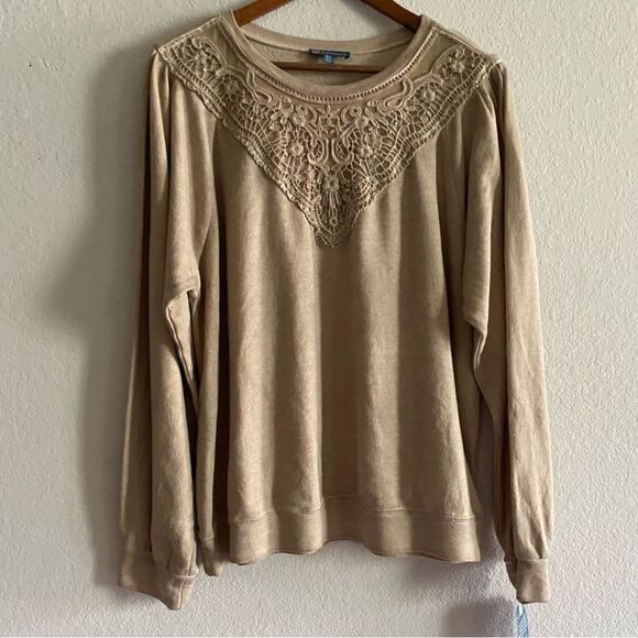 Democracy Long Blouson Puff Shoulder Crew Neck Lace Applique Sweatshirt Beige XL - Picture 3 of 7